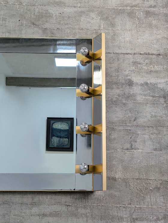 Gaetano Sciolari Mid-Century Modern Illuminated Vanity Wall Mirror in Chrome and Brass, Italy, 1970s – Glass (photo 16 of 18)