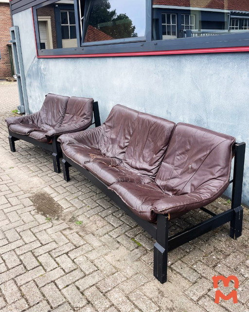 Canapé brutaliste en cuir vintage (2 pièces)
