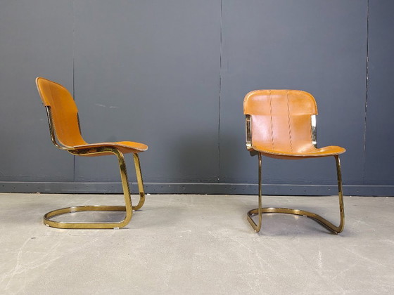 Image 1 of Vintage brass and cognac leather dining chairs by Willy Rizzo for cidue set of 4, 1970s