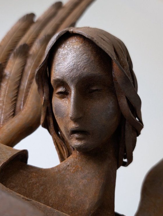 Image 1 of Sculpture d'ange en fer forgé de style néo-Renaissance espagnole, jouant du luth, vers 1900