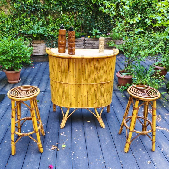 Image 1 of Tiki bar et ses tabourets vintage en rotin et bambou, France, 1950s