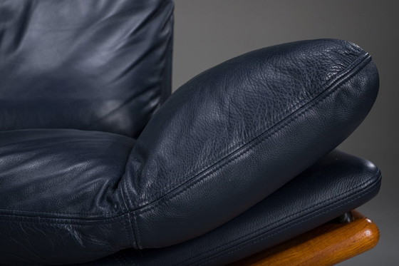Image 1 of  Danish Teak and Navy Blue Leather 3-Seater Sofa from Komfort, 1970s