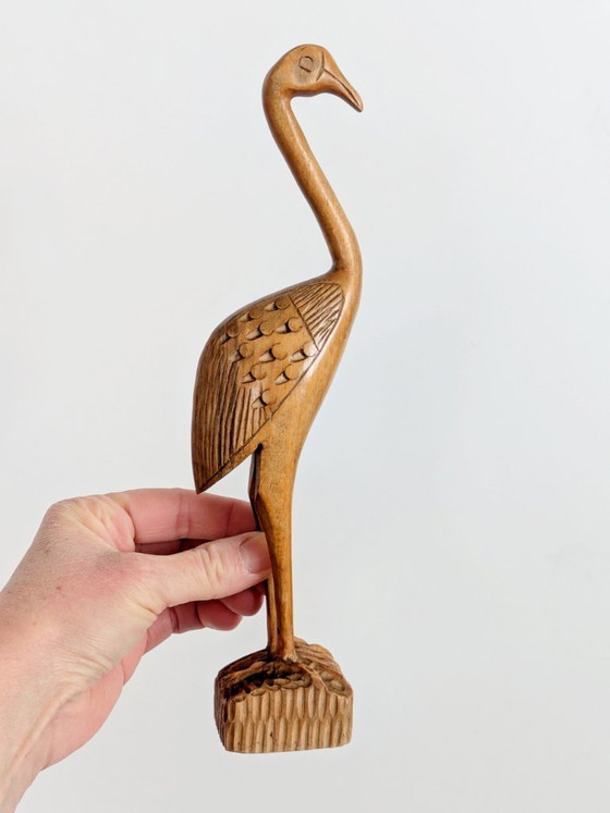 Image 1 of Midcentury Teak Wood Crane Sculpture, Hand Carved Bird, Scandinavian Modern Decor