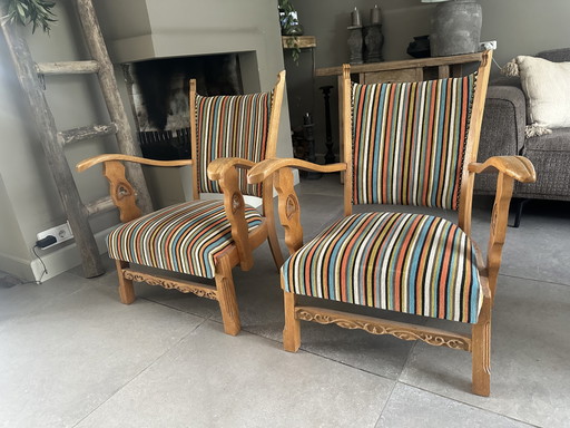Unique set of Brutalist oak armchairs (Danish design style) – Characterful eye-catchers! – fauteuils, Wood