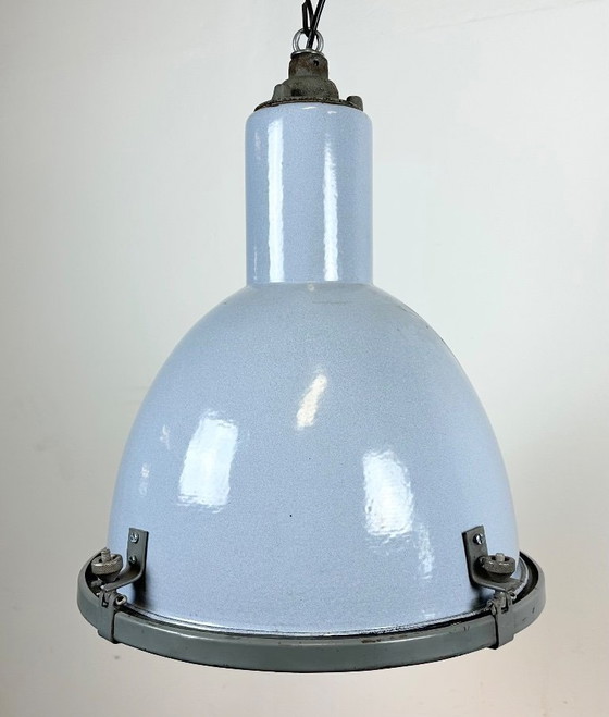 Image 1 of Lampada a sospensione industriale in smalto grigio Bauhaus con copertura in vetro, anni '50