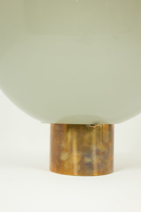 Image 1 of Globe lamp in opalescent glass and patinated bronze. Contemporary.