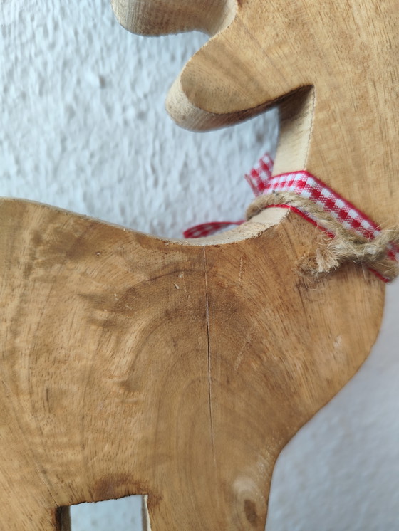 Image 1 of 🌲 Cute wooden moose figurine – 40 cm – natural – with bow & star 🌟