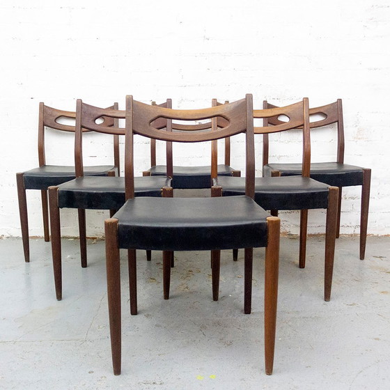 Image 1 of Teakhouten en zwart lederen stoelen, jaren 1950, set van 6