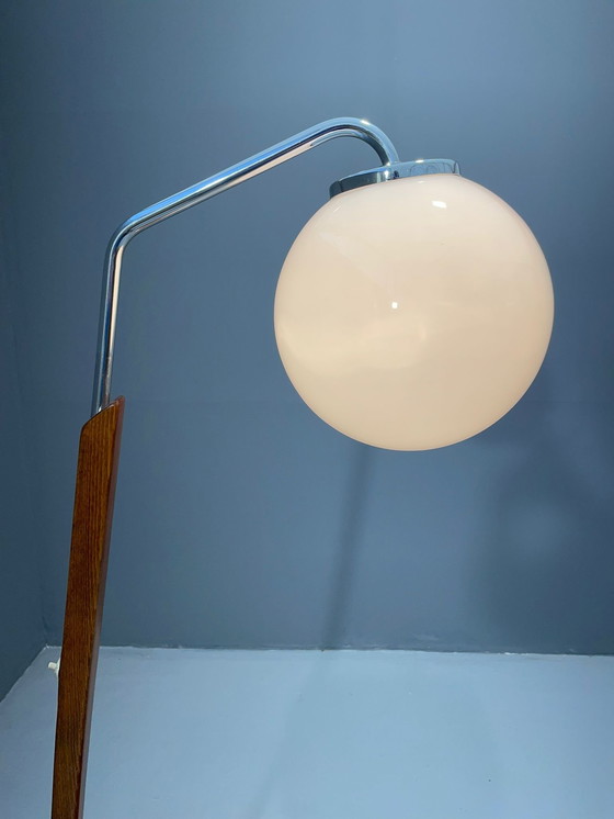 Image 1 of Art Deco Floor Lamp with Milk Glass and Side Table, 1950s – Czechoslovakia