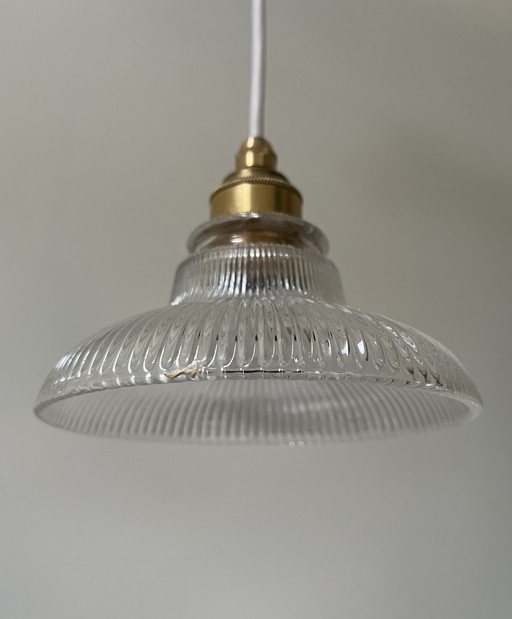 Stijlvolle, vintage hanglamp van gegroefd glas uit Frankrijk
