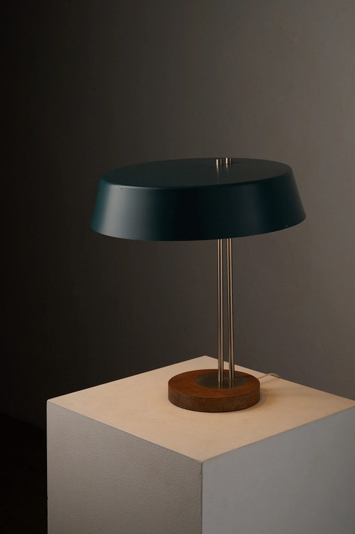 Mid-Century Modern Petrol Green Metal and Wood Table Lamp, Germany