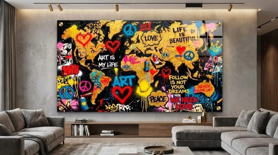 Mappa del mondo di lusso stampata su vetro acrilico – Banksy Street Art versione XXL 200 × 110 cm (photo 5 of 8)