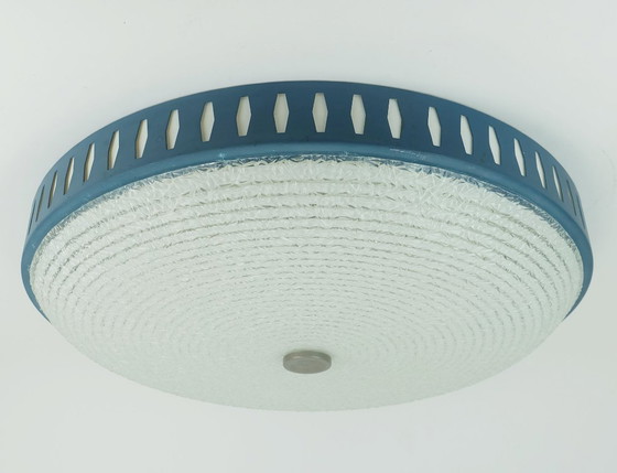 Image 1 of rare large mid century modern CEILING LIGHT by hillebrand 1960s flush mount textured glass blue metal frame