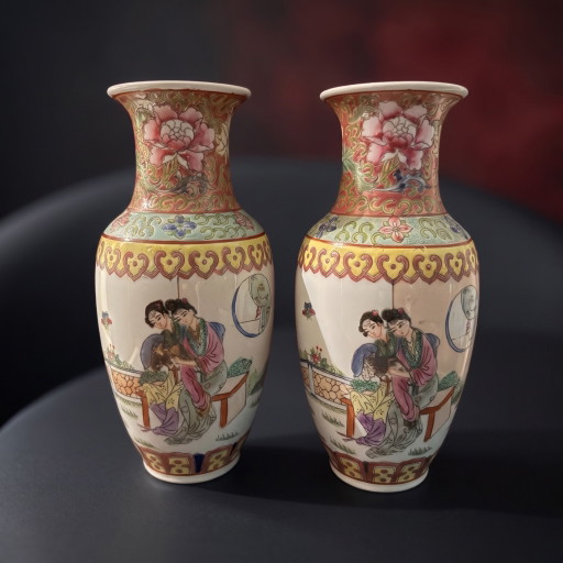 Prachtig paar vintage Chinese Famille Rose vazen – Jingdezhen, ca. 1970 (21 cm)