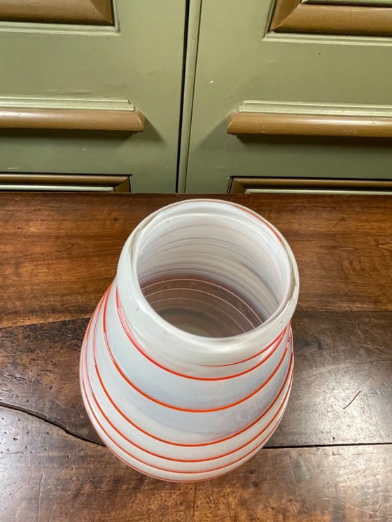 Image 1 of Vintage Italian vase from the 1960s — white opaline glass & red stripes