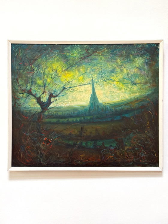 Image 1 of Ben Genaux (1911–1996, Belgio) - Paesaggio surreale con torre e farfalla, olio su tavola