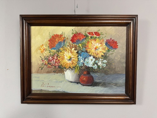 Vibrant Floral Composition with Layered Blossoms and Expressive Brushwork, Oil on Canvas by Unknown Artist, 1960s.