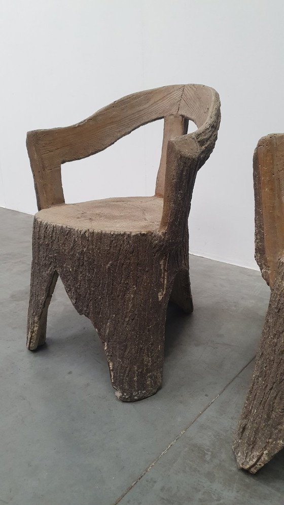 Image 1 of Vintage faux wood cement garden set 4 chairs/table Brutalist 60s France