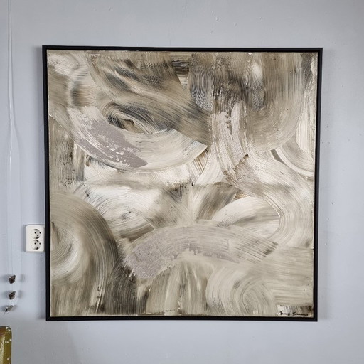 Frances Eckhardt - Peinture abstraite moderne peinte à la main, art contemporain beige argenté 100x100