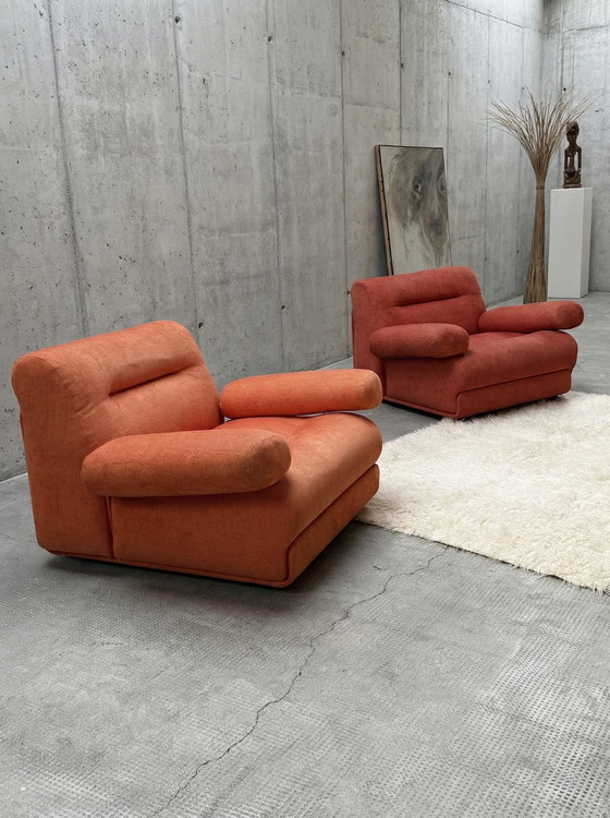 Image 1 of 2x COR “CONCHA” JO OTTERPOHL LOUNGESTOEL ORANJE-RODE STOF JAREN 60
