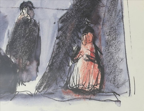 Image 1 of Framed original artwork with figurative scene and handwritten notes, 1980s