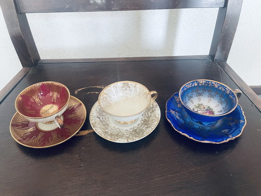 3 tazas y platillos de café antiguos de Baviera