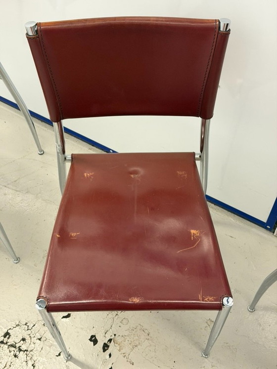 Set of 3 Vintage Fasem "Ginger" Cognac Leather & Chrome Dining Chairs, Italy 1980s – Eetkamerstoelen, Metal (photo 5 of 9)