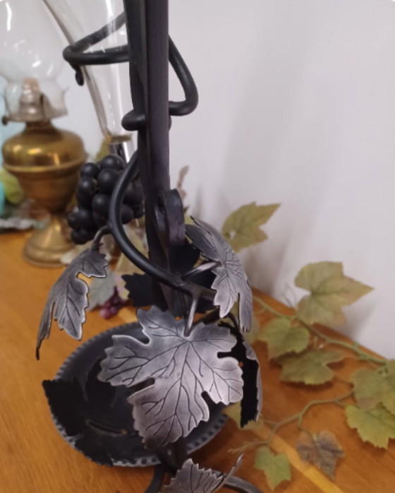 Image 1 of Vintage wrought iron wine decanter/carafe from the mid-20th century - Austrian Weinheber glass carafe with wine leaf base