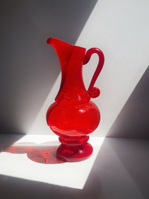 Polnische Glas Karaffe Rubin Glas Mid Century Szkła Ząbkowice Natriumglas Ludwik Fiedorowicz 80er 70er Orange Rot
