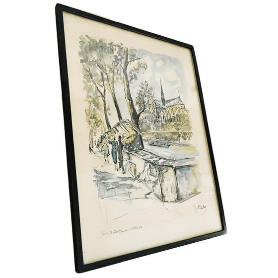 Image 1 of Vintage mid-century Guillery Lithograph Paris Notre Dame apse painting 1960s