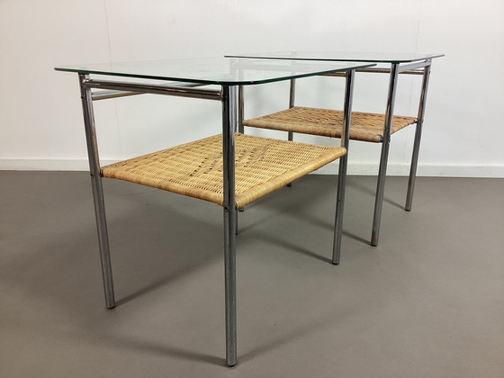 Image 1 of Set of eighties vintage side tables tables chrome rattan