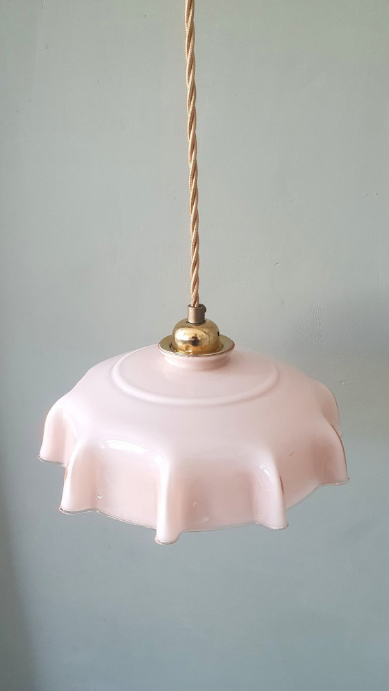 Vintage French pendant lamp - pastel rose opaline glass. – Metal (photo 8 of 15)