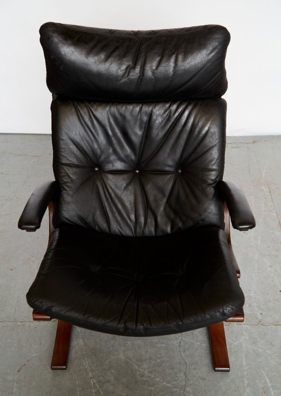 Image 1 of Sedia a sbalzo scandinava in pelle con poggiapiedi di Elsa & Nordahl Solheim per Rybo Rykken, anni '60, set di 2