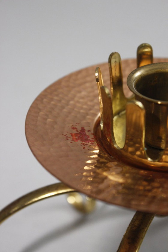 Image 1 of Candelabro antiguo de cobre, latón y cristal, diseño modernista, década de 1950.