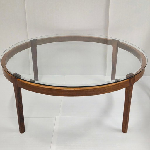 BELANGRIJKE VINTAGE SCANDINAVISCHE SALONTAFEL JAREN 60, TEAK & PALISSANDERHOUT, DIAMETER 110 CM
