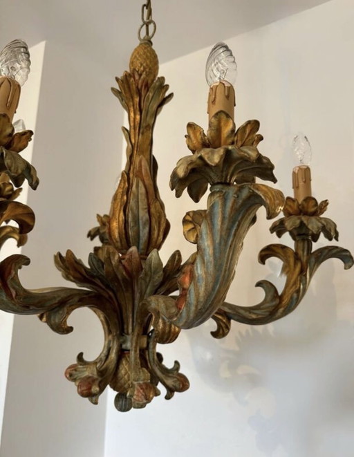 70s Hollywood Regency Style Carved Wood Chandelier