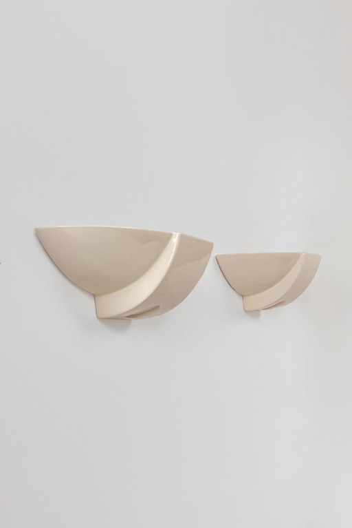 Pair of vintage beige porcelain Wall lights, France 1970