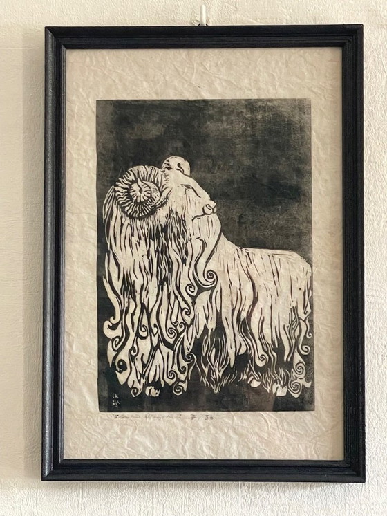 Image 1 of Eastern European Artist, Woolly Ram, 1920s-1940s, Linocut , Signed