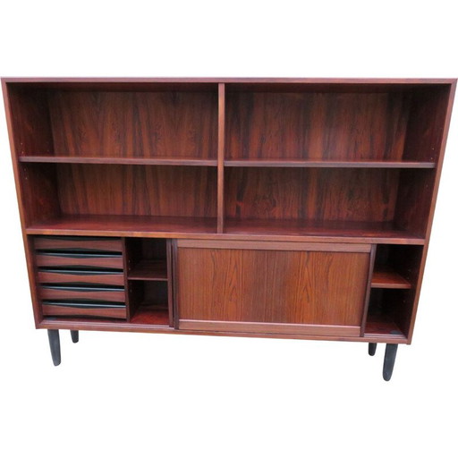 Bibliothèque vintage en bois de rose avec portes coulissantes et tiroirs, Danemark 1960