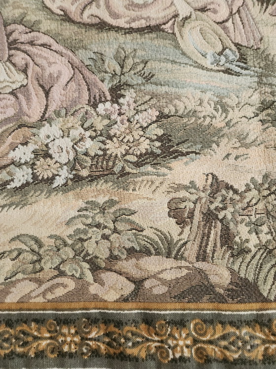 Frans wandtapijt in de stijl van Aubusson/Vlaanderen. Galante scène in een tuinlandschap, "Fêtes galantes", (photo 10 of 14)