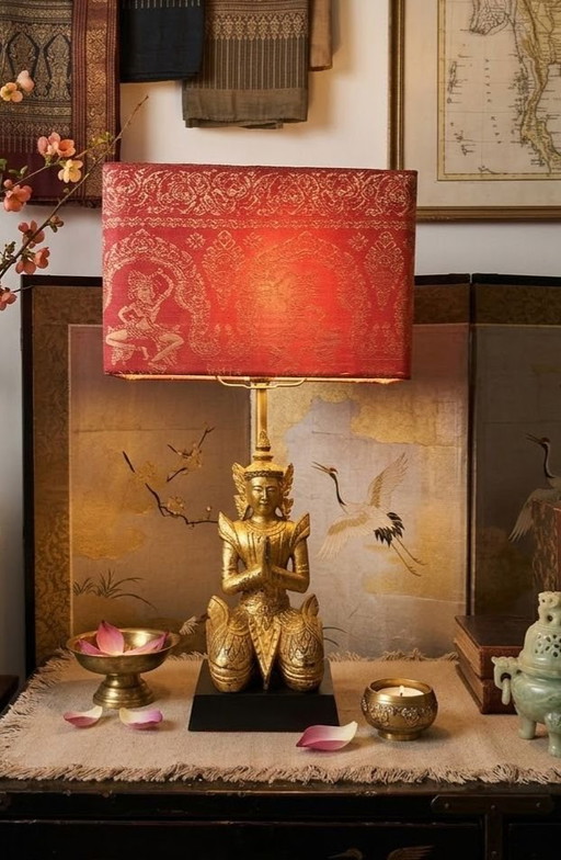 Thailändische Lampe aus Holz und Blattgold, 19. Jh., Rattanakosin-Epoche