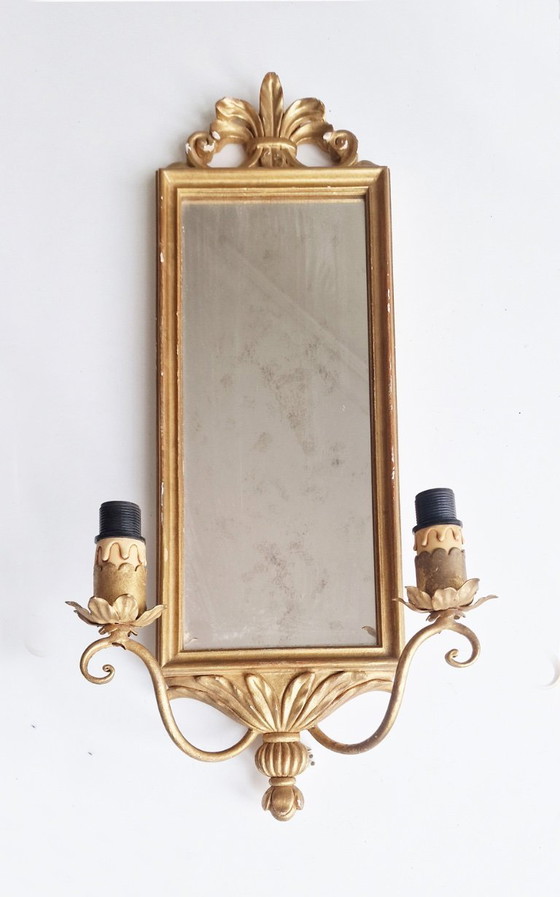 Image 1 of 2 Florentine wall mirrors with lights – gold painted, vintage