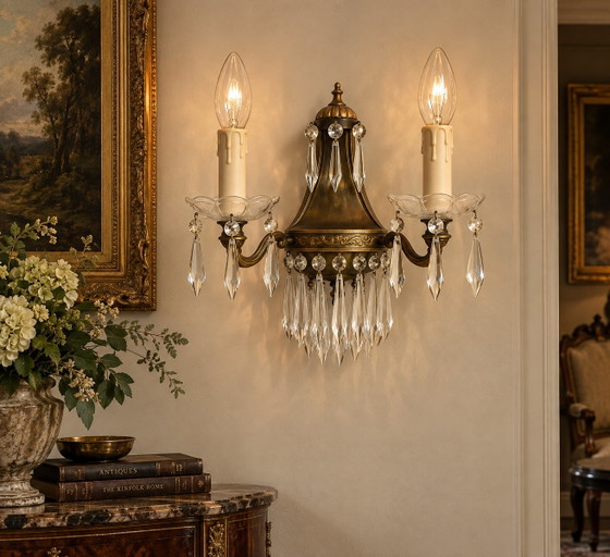 Antieke messing wandlamp met kristal – set van twee - 4 beschikbaar – Wandlampen, Bronze, Crystal (photo 4 of 5)