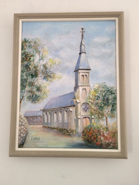 Painting Church Rural Landscape - L. Laffut (Belgian Art), Wood, Canvas, Blue (photo 2 of 11)