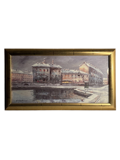 Oil Painting on Cardboard of a Canal in Milan by Eugenio Mantegani, 1980s – schilderijen tekeningen