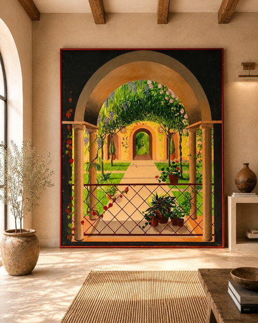 Monumental Mediterranean Trompe-l'Œil Garden Painting – 250 x 200 cm