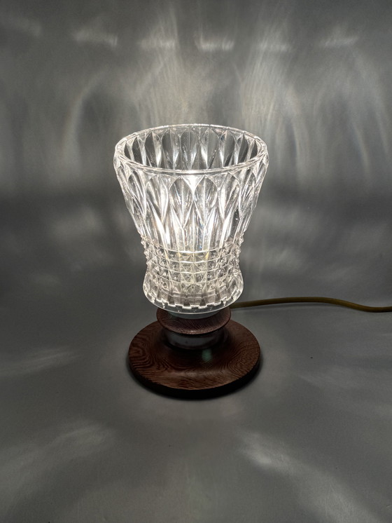 Image 1 of Mid-Century Table Lamp with Cut Glass Shade and Wooden Base – Vintage Design Lighting