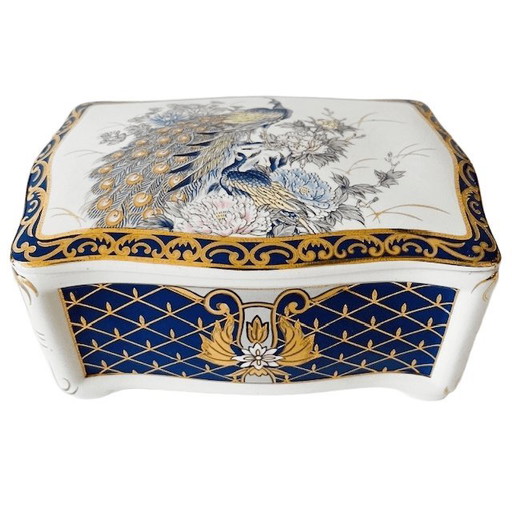 Vintage Fapodel peacock porcelain bonbonnière jewelry box 1970s