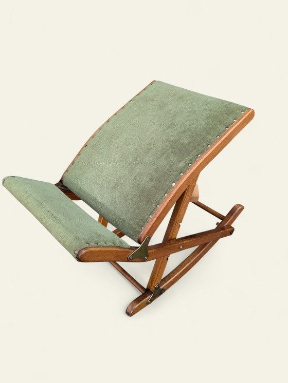 Image 1 of Poggiapiedi vintage degli anni '60 - poggiapiedi regolabile in altezza con rivestimento in tessuto verde chiaro