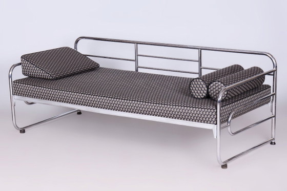 Sofá Bauhaus restaurado, de Mücke-Melder, cromado, tapizado nuevo, checo, años 30 – Textile, Chrome (photo 4 of 15)